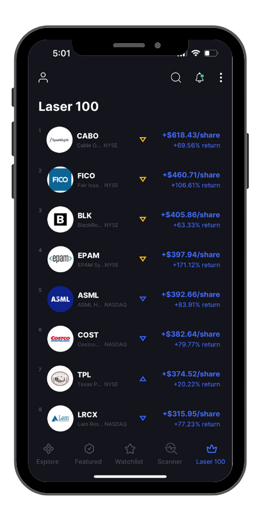 Screenshot of The Laser 100 top performing stocks